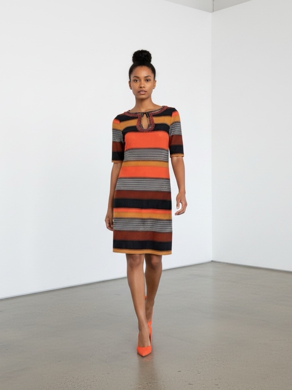 Donna Morgan Striped Orange Multi Color Beaded Detail Shift Dress 6